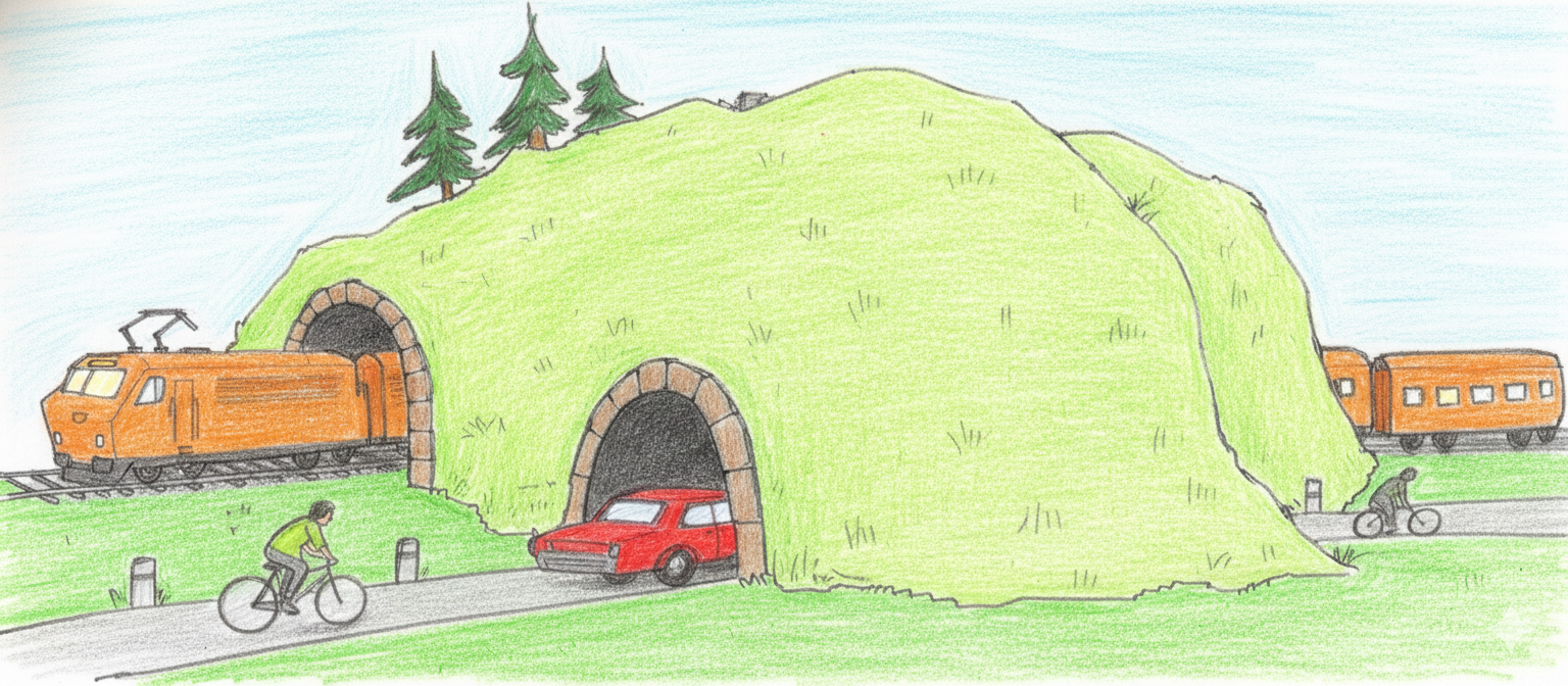 veturiloj iras tra tunelo