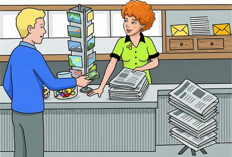 li donas al ŝi monon kaj ŝi donas al li ĵurnalon