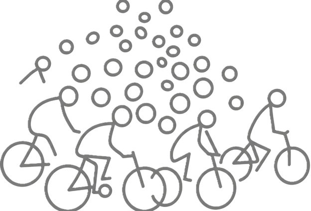 Multaj homoj veturas per biciklo